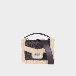 The Kooples NEW Emily Small Leather Shearling Trim Crossbody Bag Brown